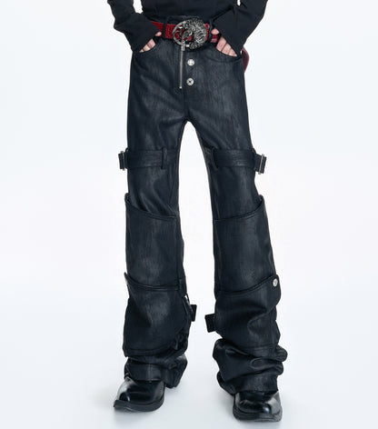 Waxed Damage Metal Button Flare Denim Jeans WN23547