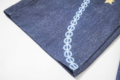 3D Chain Print Curved Leg Cropped Denim Pants WN26838