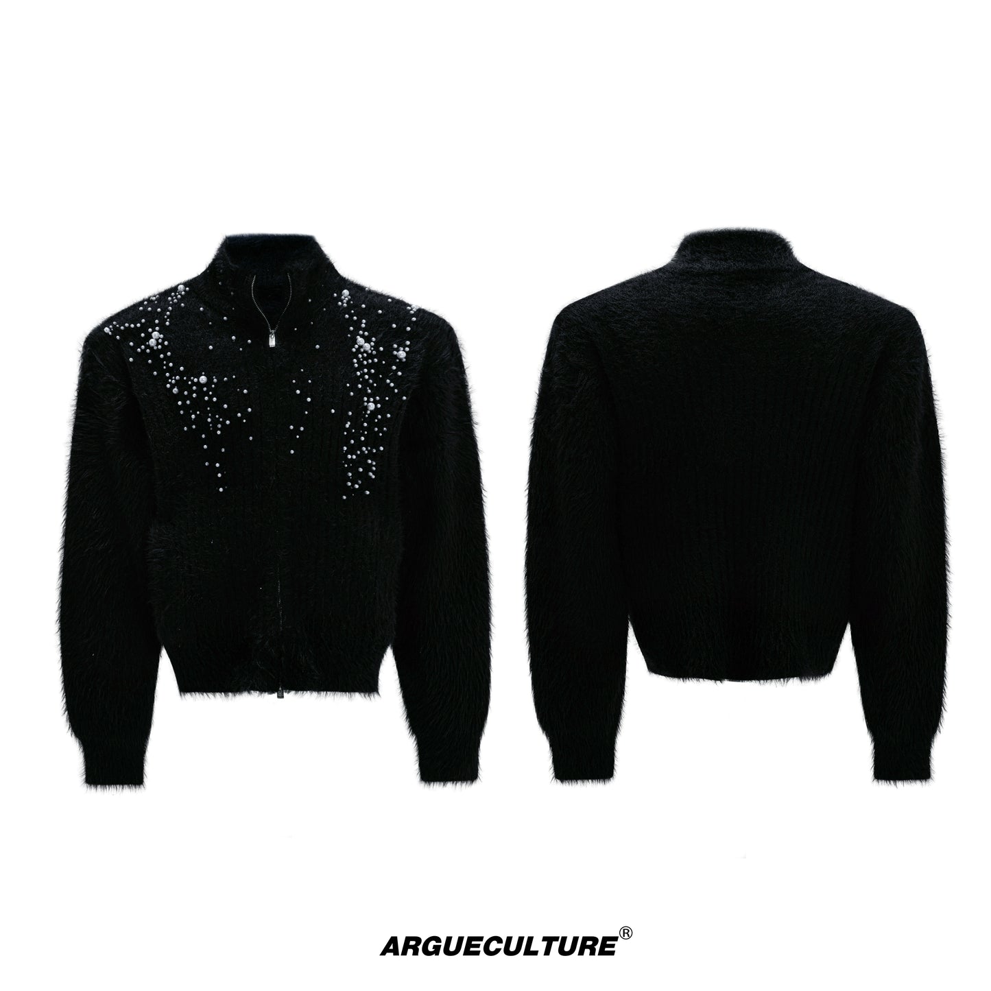 Pearl Embellished High-Neck Furry Knit Zipper Cardigan WN21720