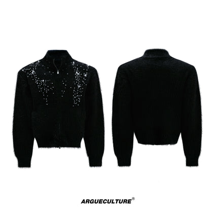 Pearl Embellished High-Neck Furry Knit Zipper Cardigan WN21720