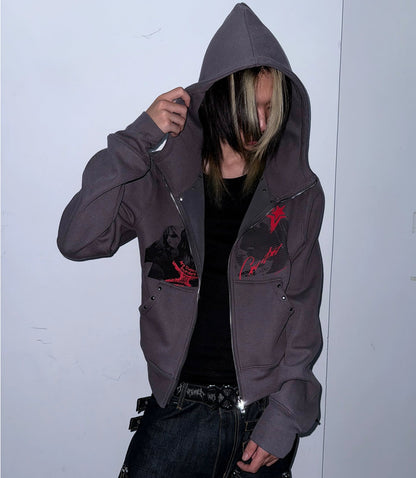 Studs Design Graphic Letter Zipper Hoodie WN20921