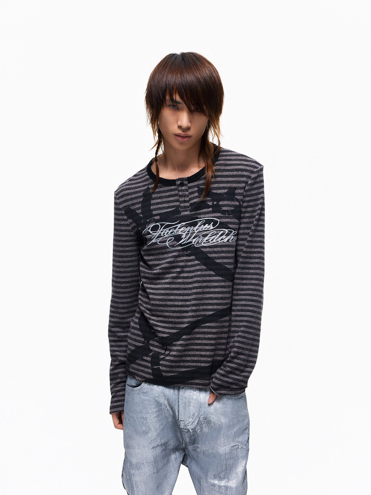 Striped Glitter Print Henley Long Sleeve T-Shirt WN27349