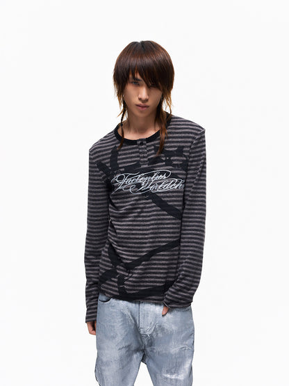 Striped Glitter Print Henley Long Sleeve T-Shirt WN27349