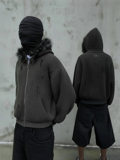 Fake Fur Collar Damage Zipper Knit Hoodie WN28100