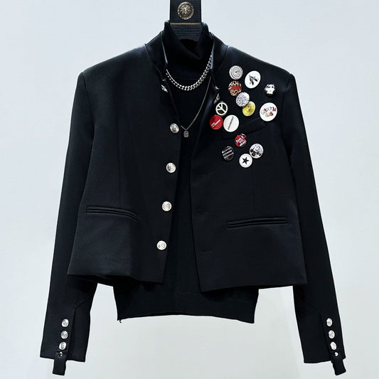 Brooch Badge Short Tailored Jacket & Straight Trousers Setup WN23902