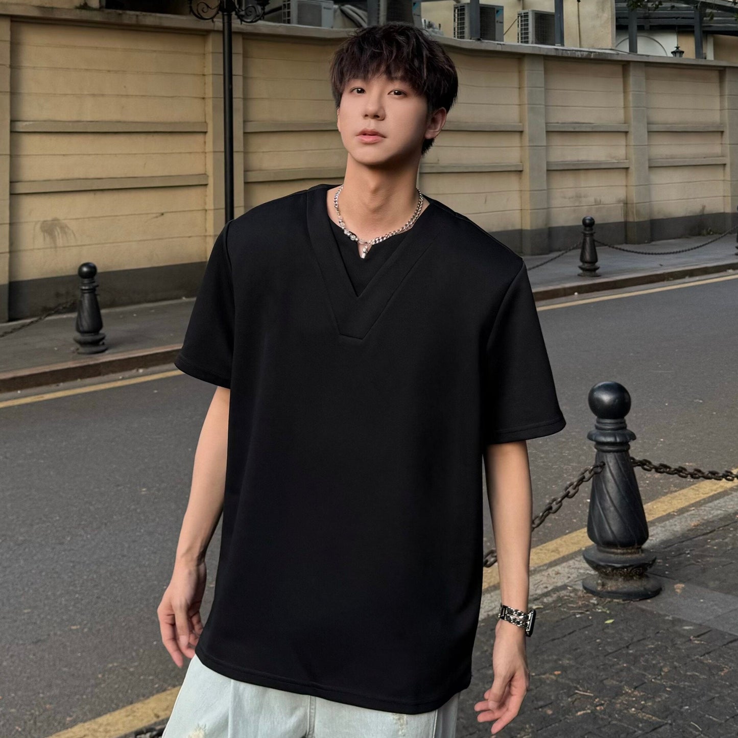 Shoulder-Pad V-Neck Short Sleeve T-Shirt WN25169