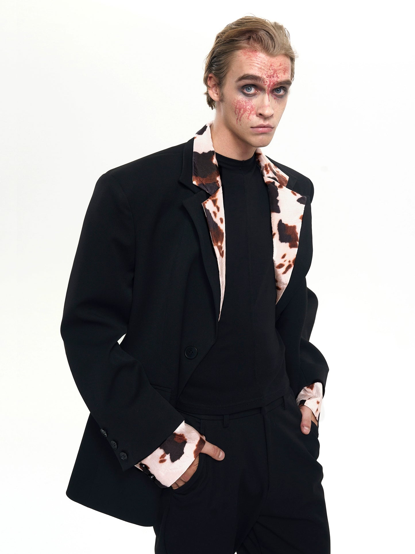 Cow Print Fake Layered Oversize Tailored Jacket & Flare Trousers Setup WN20389