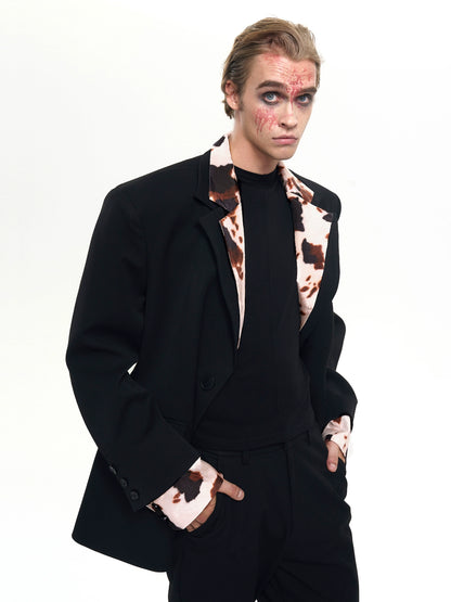 Cow Print Fake Layered Oversize Tailored Jacket & Flare Trousers Setup WN20389