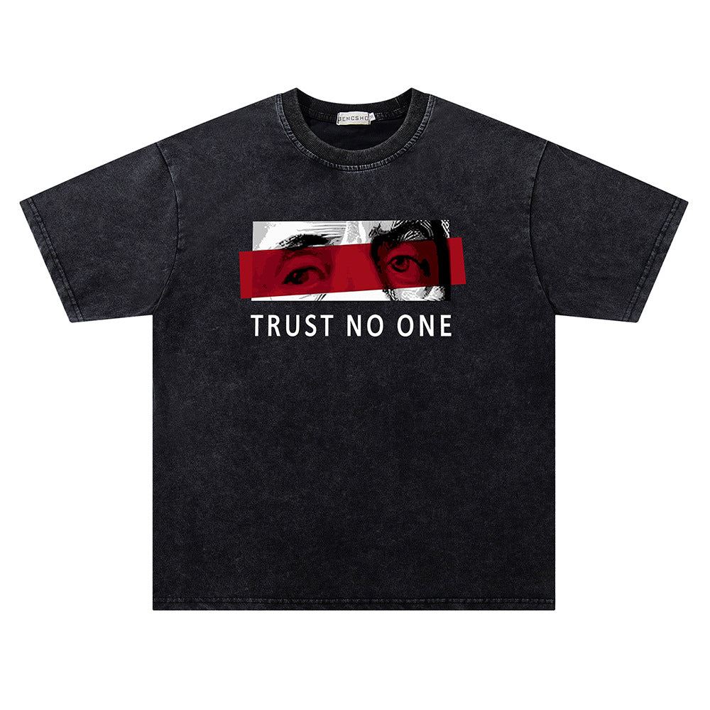 Washed Damage Collage Eye Print Short Sleeve T-Shirt WN26806