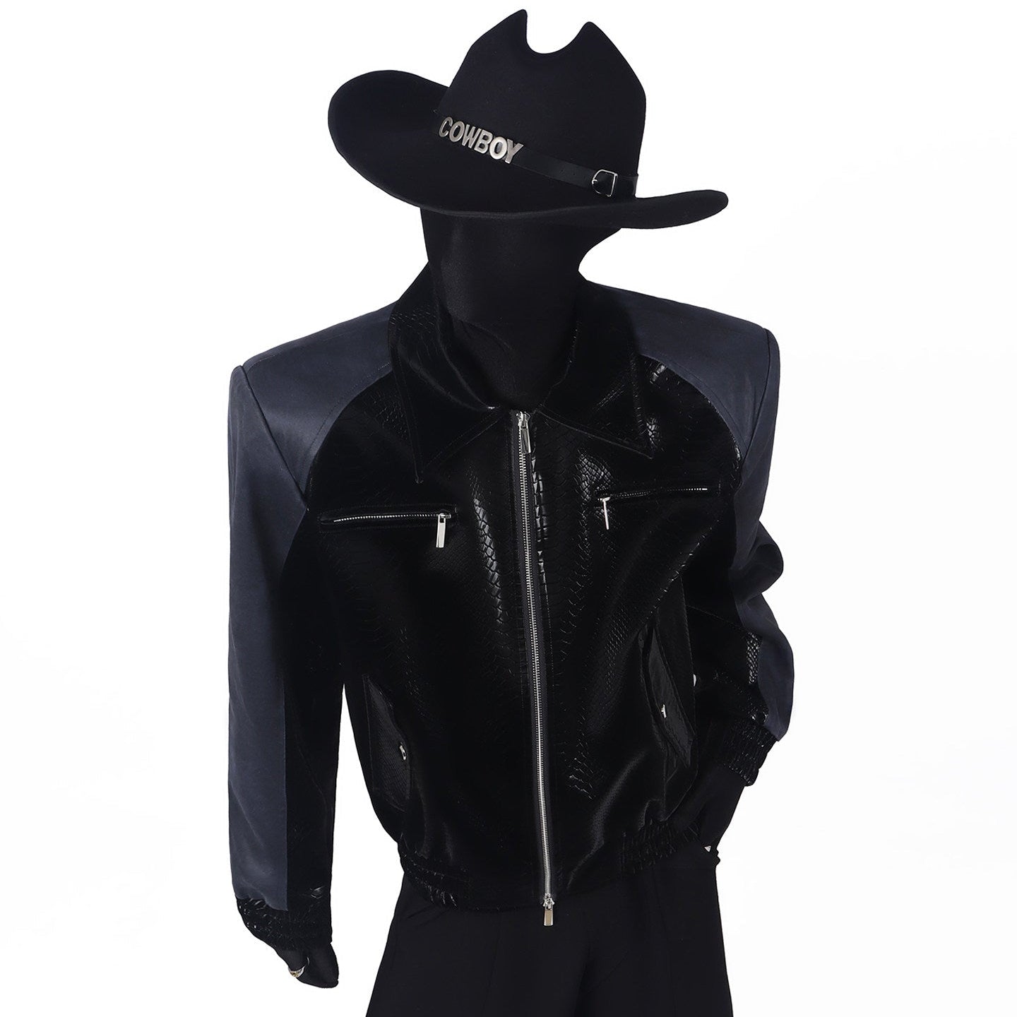 Crocodile Texture Contrast PU Leather Jacket WN23714