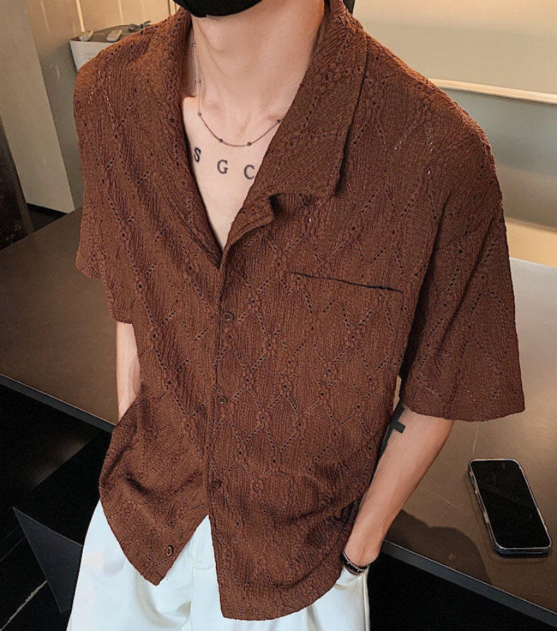 Cuban Collar Jacquard Short Sleeve Shirt WN19297