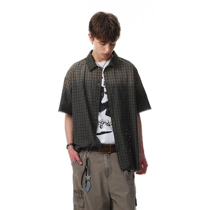 Plaid Cut Gradient Washed Short Sleeve Shirt WN25678