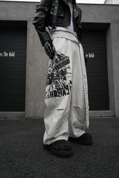 Graphic Print Text Detail Wide Leg Pants WN28088