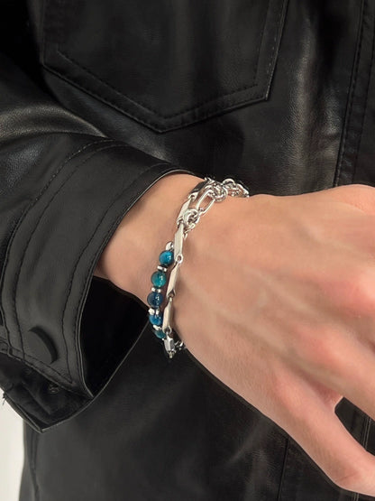 Double Layer Blue Tiger Eye Titanium Steel Bracelet WN19261