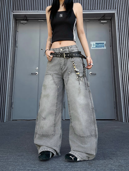 Damage Wash Pocket Wide Leg Cargo Denim Jeans WN24181