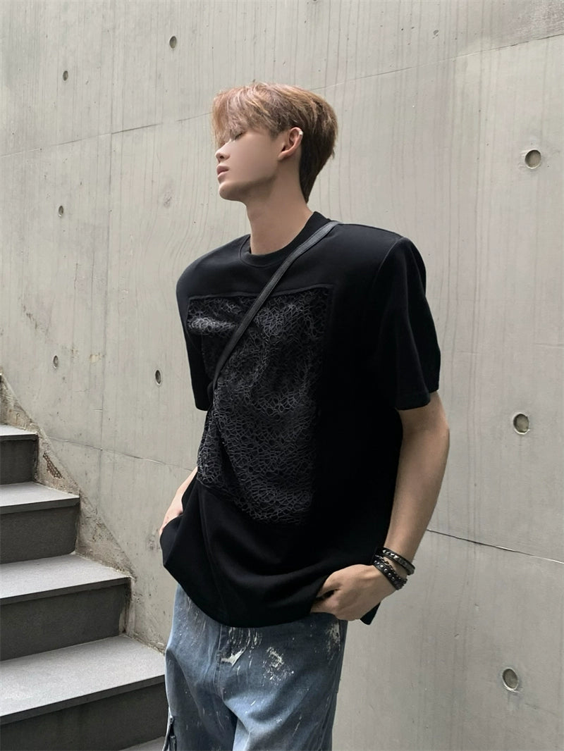 Design Print Shoulder-Pad Short Sleeve T-Shirt WN20047