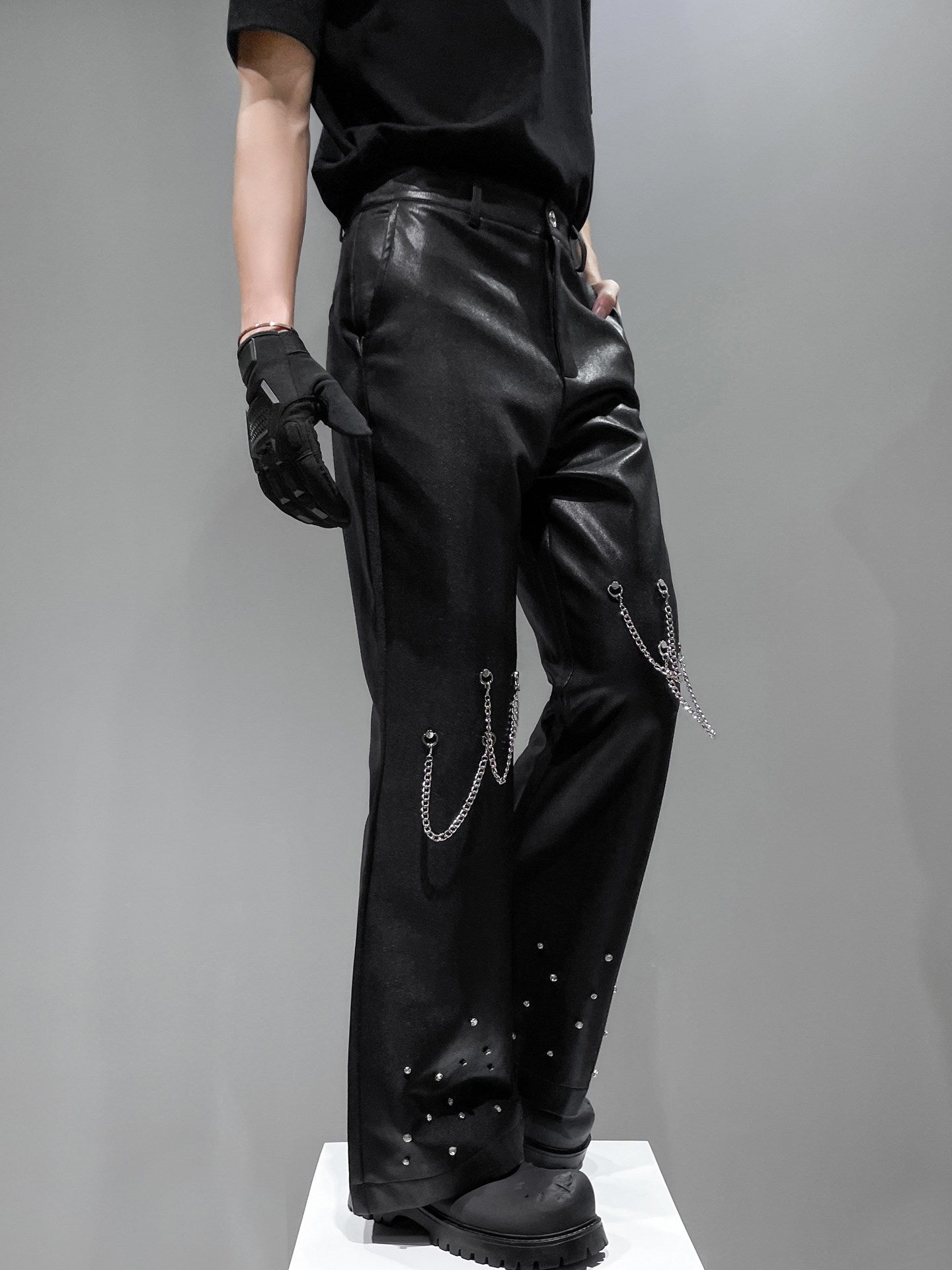 Metal Chain Rhinestone Bead Flare Wide Leg Pants WN23930