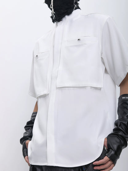 Stand Neck Half-Length Double Placket Pocket Short Sleeve Shirt WN18644
