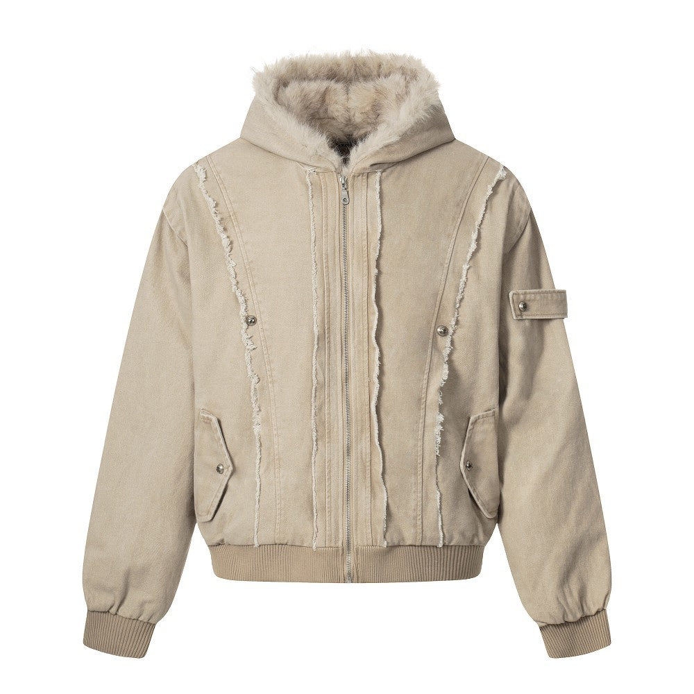 Fake Fur Collar Hooded Washed Canvas Puffer Jacket WN27836