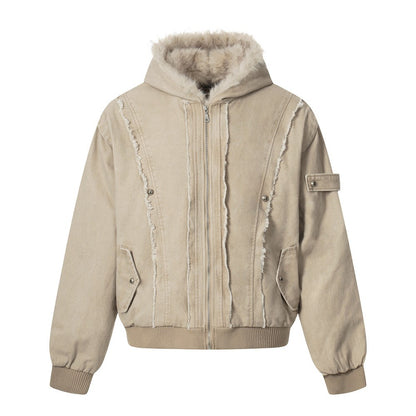 Fake Fur Collar Hooded Washed Canvas Puffer Jacket WN27836