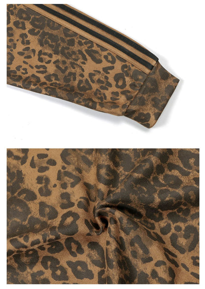 Leopard Design Stand Neck Zipper Jacket & Wide Leg Pants Setup WN18570