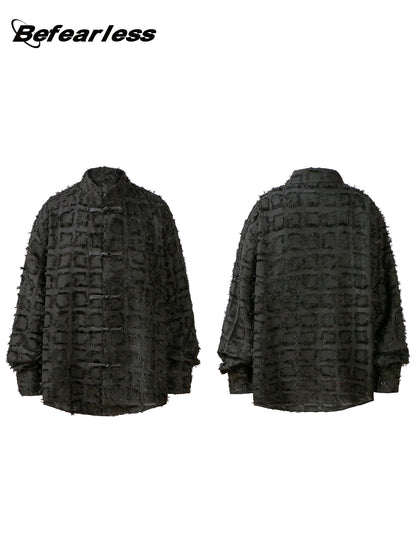 Jacquard High-Neck Frog-Button Oversize Long Sleeve Shirt WN26311