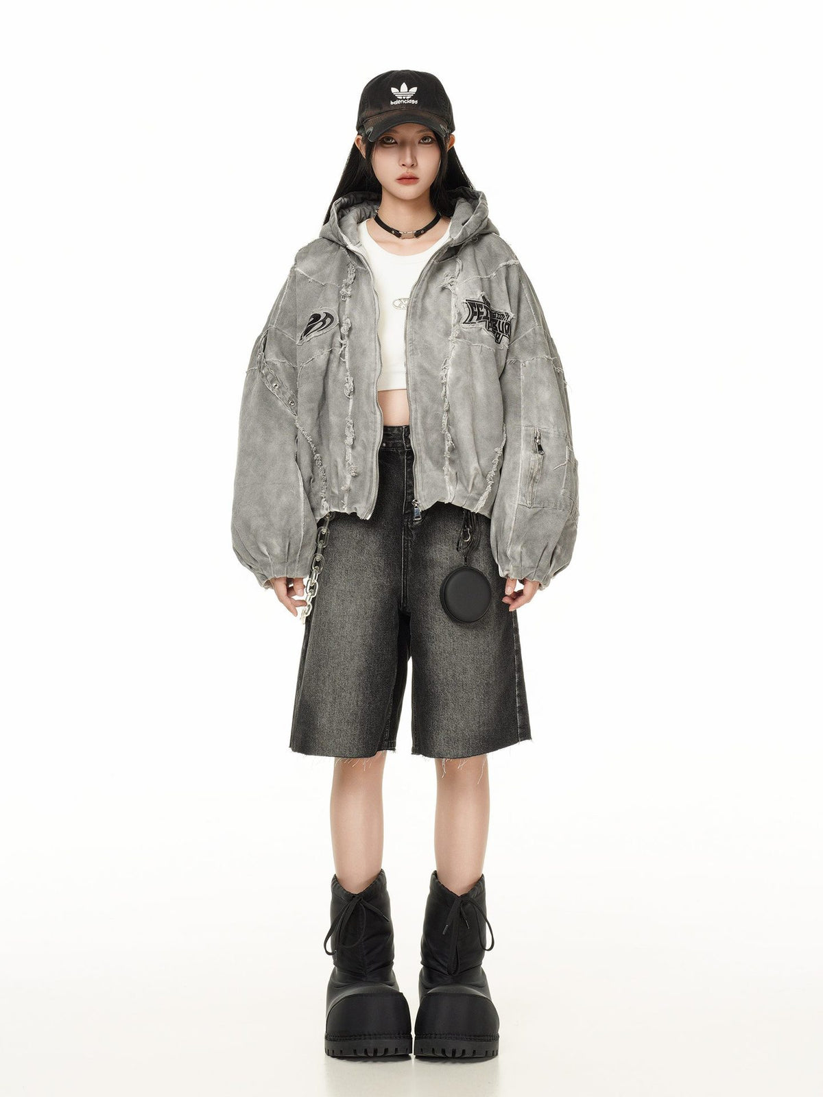 Washed Graphic Pocket Detail Hooded Jacket WN27967