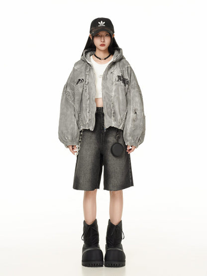 Washed Graphic Pocket Detail Hooded Jacket WN27967