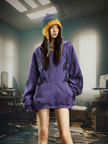 Totem Print Rhinestone Oversize Zipper Hoodie WN22736