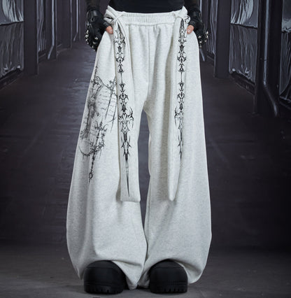 Totem Print Detachable Ribbon Wide Leg Barrel Sweatpants WN22918