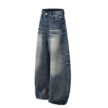 Washed Paint Rhinestone Wide Leg Curved Denim Jeans WN25876