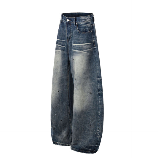 Washed Paint Rhinestone Wide Leg Curved Denim Jeans WN25876