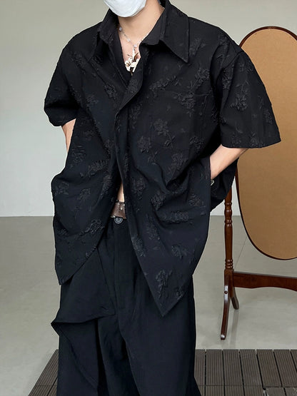 Embroidery Floral Two-Button Jacquard Short Sleeve Shirt WN20018