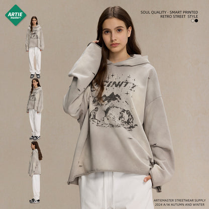 Spray Print Damage Cut0off Pullover Hoodie WN9991