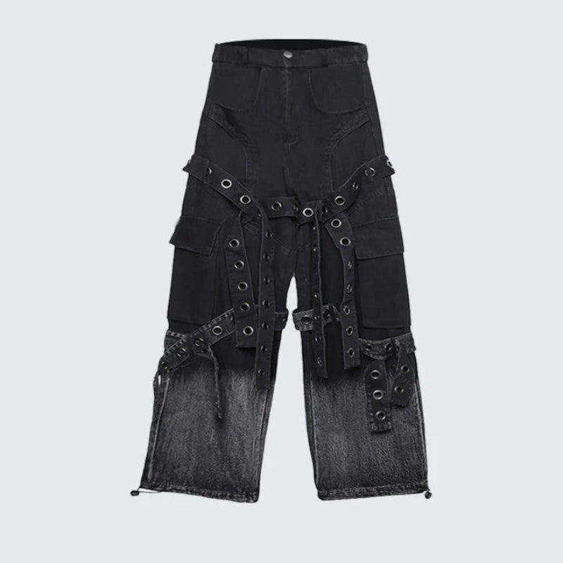 Two-Tone Cargo Strap Detail Denim Jeans WN27789