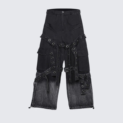 Two-Tone Cargo Strap Detail Denim Jeans WN27789