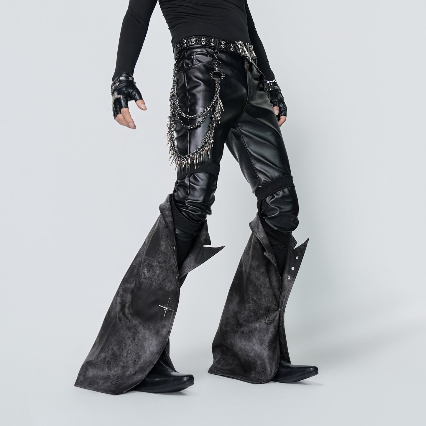 Layered Flare Panel PU Leather Straight Pants & Layered Chain Belt WN24310