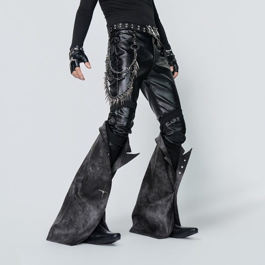 Layered Flare Panel PU Leather Straight Pants & Layered Chain Belt WN24310