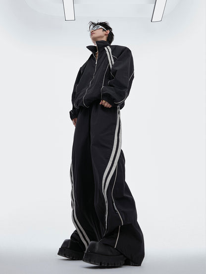 Contrasting Color Oversize Zipper Jacket & WIde-elg Flare Pants Setup WN6515