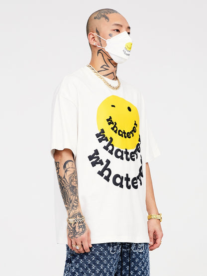 Smiley Face Raised Print Pure Cotton Short Sleeve T-Shirt WN12218