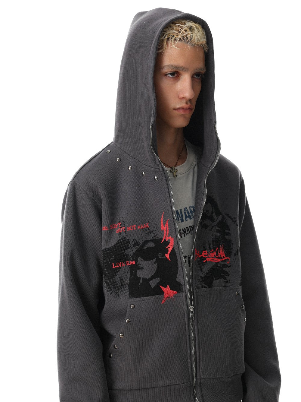 Graphic Print Studs Detail Cropped Zipper Hoodie WN28057