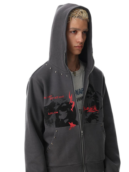 Graphic Print Studs Detail Cropped Zipper Hoodie WN28057