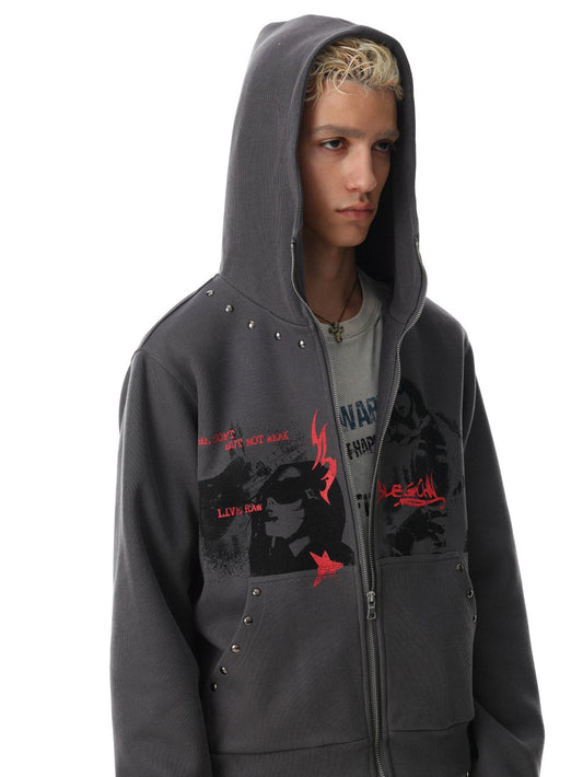 Graphic Print Studs Detail Cropped Zipper Hoodie WN28057