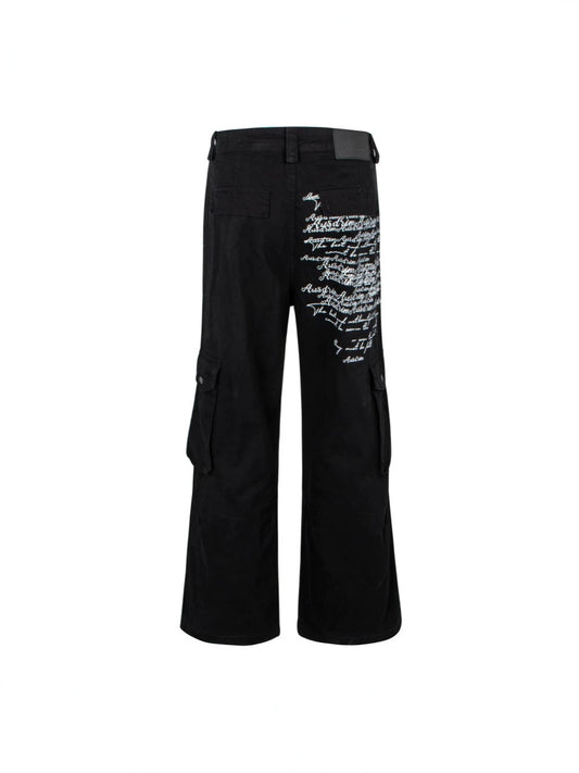Letter Print Washed Wide Leg Cargo Denim Jeans WN27898