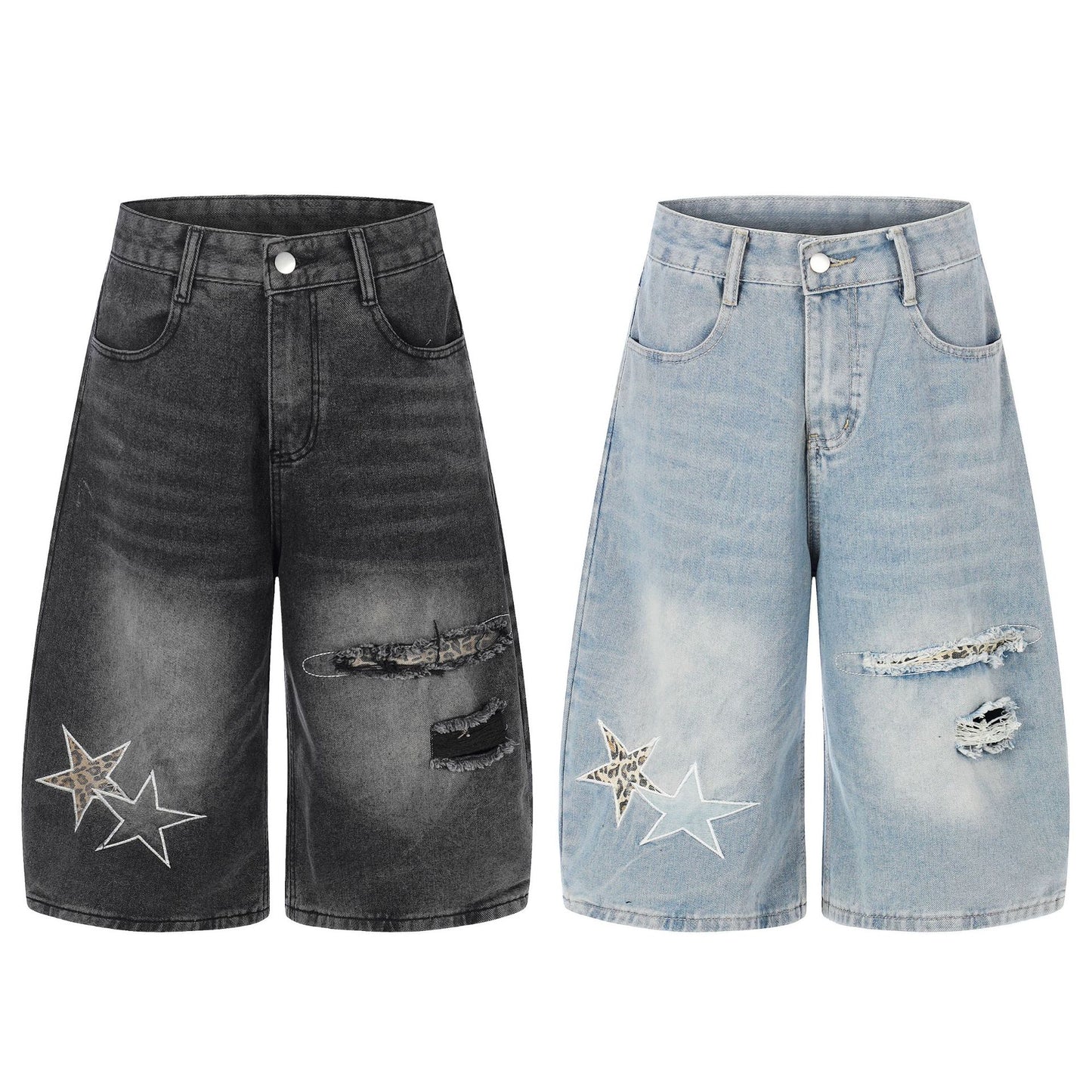 Star Patch Embroidery Curved Denim Half Pants WN25717