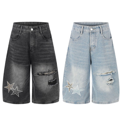 Star Patch Embroidery Curved Denim Half Pants WN25717