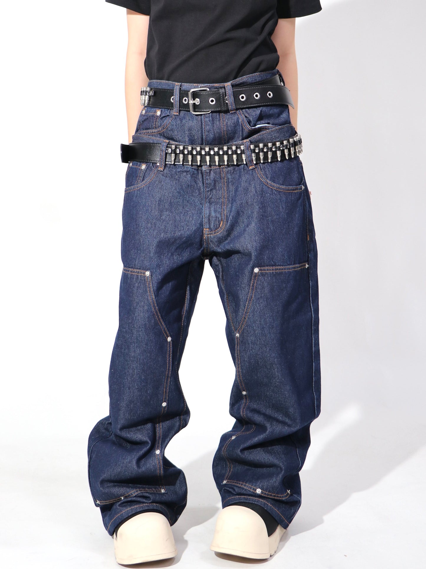 Double Waist Rivet Panel Wide Leg Denim Jeans WN24121