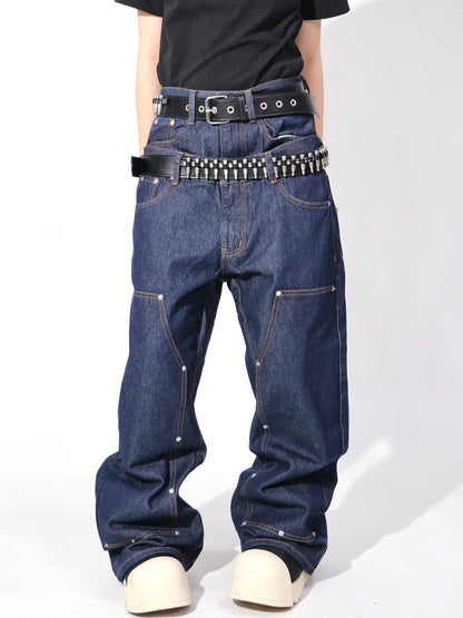 Double Waist Rivet Panel Wide Leg Denim Jeans WN24121
