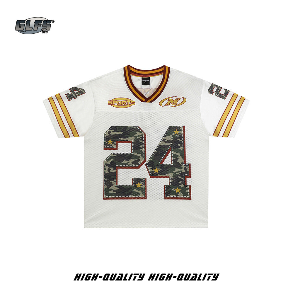 V-Neck Mesh Camouflage Number Short Sleeve T-Shirt WN26573