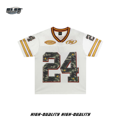 V-Neck Mesh Camouflage Number Short Sleeve T-Shirt WN26573